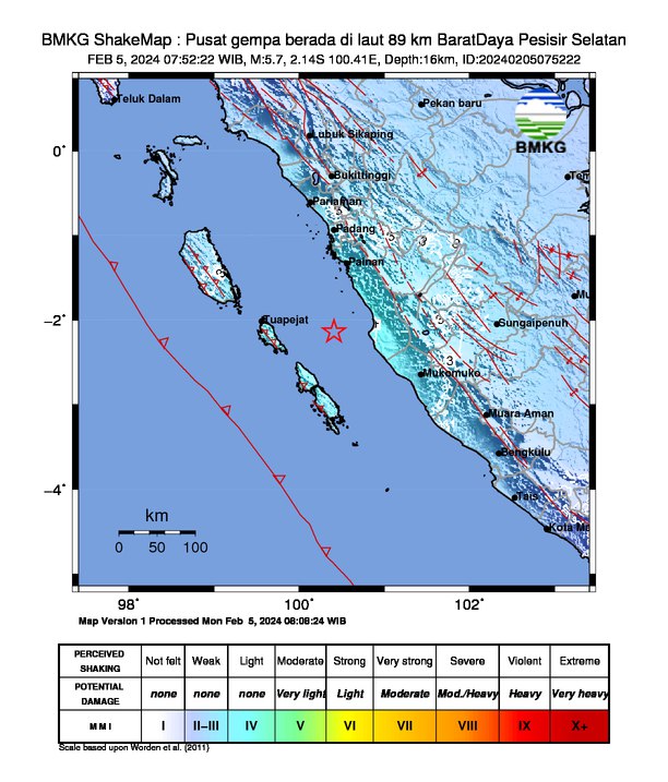 Gempabumi Tektonik M5,7 Guncang Kepulauan Mentawai Sumatera Barat