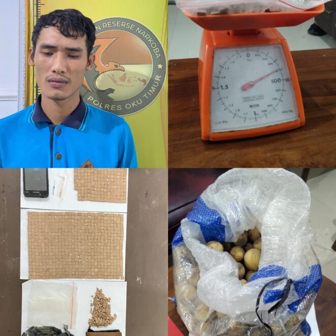 Tersangka DS Bin BN berikut barang bukti yang diamankan Polres OKU Timur.