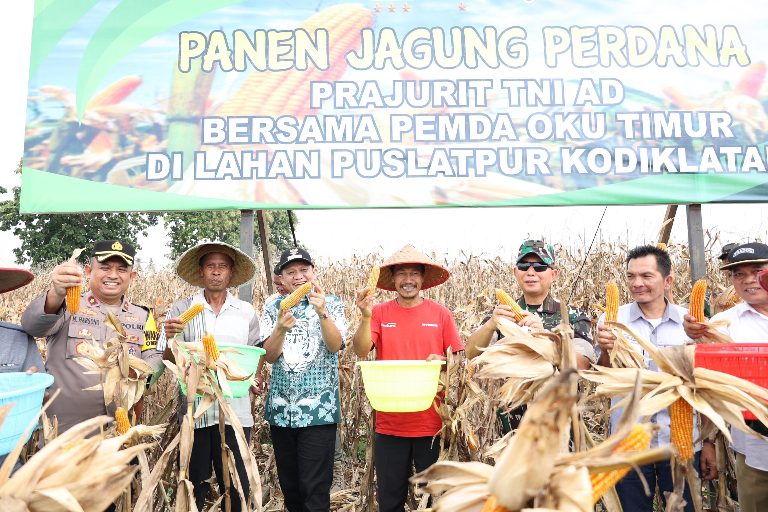 Panen jagung perdana Prajurit TNI AD bersama Pemerintah Daerah OKU Timur di lahan Puslatpur Kodiklat AD Desa Sabalio Kecamatan Bunga Mayang, pada Selasa (11/02/2025). 