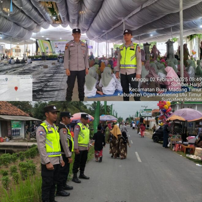Polsek Buay Madang Timur (BMT) Polres OKU Timur melakukan pengamanan kegiatan Pengajian Akbar dalam rangka Haul Al Maghfurlah KH Ahmad Suhadi Isma‘ll yang ke-7, sekaligus Haflah Akhir Sanah Pondok Pesantren Al Istiqomah Sumber Harjo, Desa Sumber Harjo, Kecamatan Buay Madang Timur, Kabupaten OKU Timur, pada Minggu (02/02/2025).