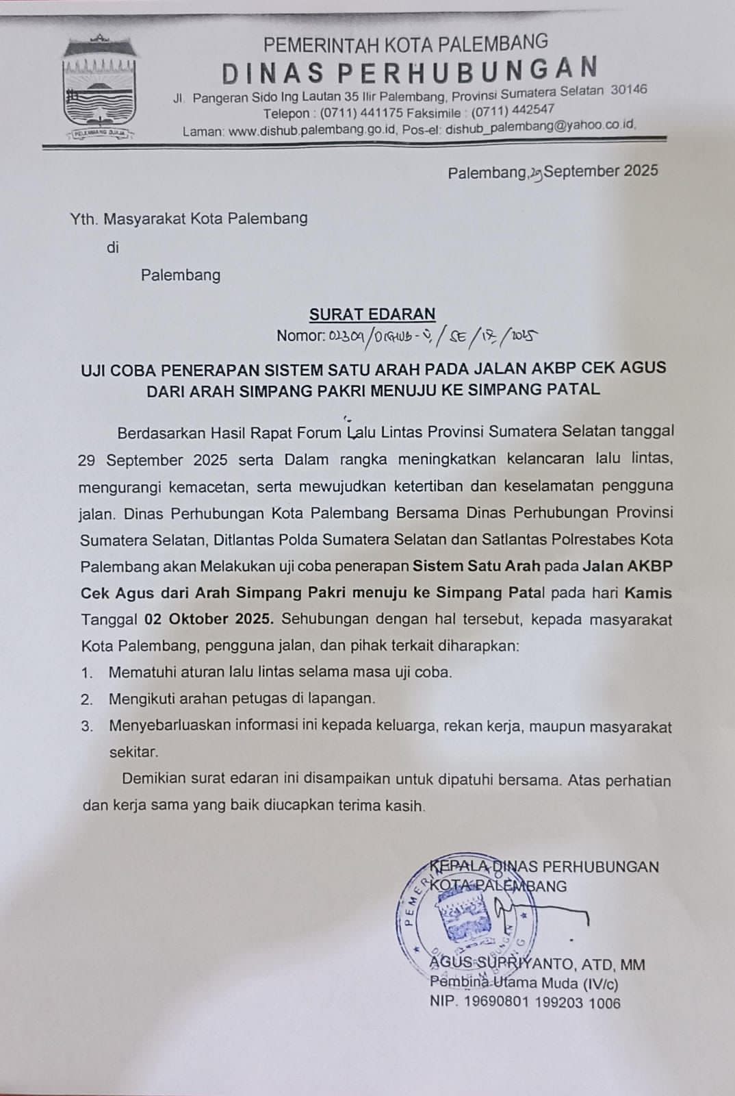 Dishub Palembang Bakal Uji Coba Sistem Satu Arah di Jalan AKBP Cek Agus pada 2 Oktober 2025