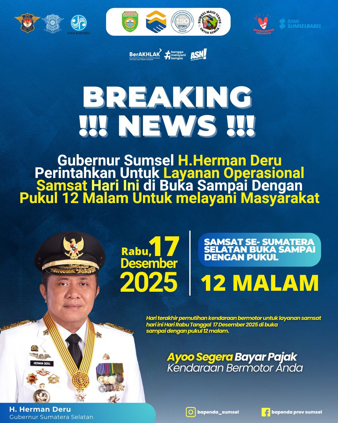 Hari Terakhir Pemutihan, Layanan Samsat di Sumsel Buka Hingga Tengah Malam