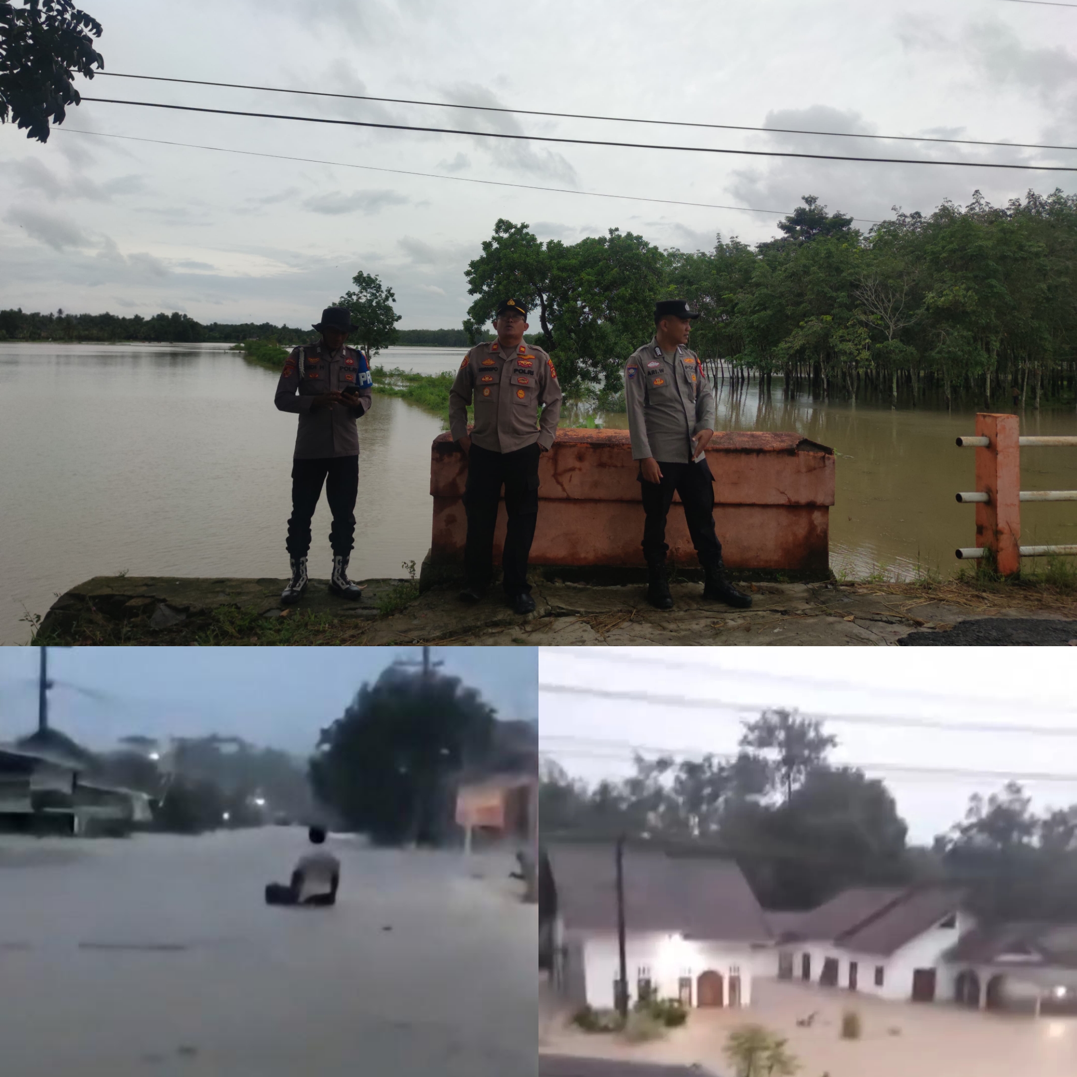 (Atas) Kapolsek BMT Iptu Swisspo dan jajaran monitoring luapan debit air anak sungai macak di Desa Tambak Boyo dan Desa Rejo Dadi, Kecamatan BMT. (Dua Bawah) Banjir merendan pemukiman di Desa Nusa Jaya, Kecamatan Belitang III. 