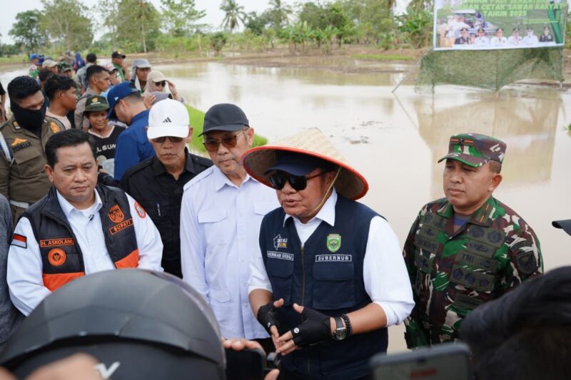 Caption: Gubernur Sumsel, Herman Deru saat diwawancarai usai meninjau lokasi cetak sawah baru di Desa Sungai Dua, Kecamatan Rambutan, Kabupaten Banyuasin, Jum’at (28/3/2026). Foto Pemprov Sumsel