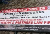 Eksekusi Lahan di Sukarami, Papan Larangan Dipasang Tegaskan Status Kepemilikan