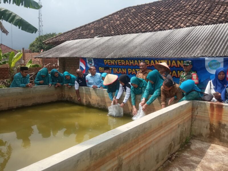 Ketua TP PKK OKU Timur, Sheila Noberta Lanosin (tengah), didampingi Kapolsek Buay Madang Timur IPTU Swisspo, saat melakukan penaburan bibit ikan patin secara simbolis di Desa Sumber Harjo. 