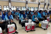 443 jemaah calon haji kloter pertama asal Kabupaten OKU Timur yang telah tiba di Asrama Haji Embarkasi Palembang, Selasa (21/4/2026). Foto: Tia