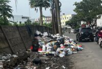 Tumpukan sampah rumah tangga yang dibuang oleh masyarakat sekitar di Jl. Musi Raya, Perumnas, Sako, Palembang. Foto: Tia