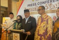 Ketua Badan Penganggaran MPR RI Melchias Markus Mekeng saat konferensi pers usai kegiatan sarasehan di Ballroom Hotel Aston Palembang, Selasa (19/5/2026). Foto: Tia