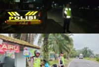 Personel Polsek Buay Madang Timur melaksanakan Kegiatan Rutin Yang Ditingkatkan (KRYD) melalui patroli subuh di Desa Bangun Harjo (atas) dan patroli dialogis pagi hari di kawasan Jalan Desa Kumpul Rejo (bawah), Kecamatan Buay Madang Timur, Kabupaten OKU Timur, Sumatera Selatan. 