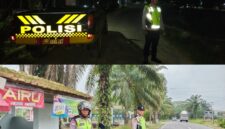 Personel Polsek Buay Madang Timur melaksanakan Kegiatan Rutin Yang Ditingkatkan (KRYD) melalui patroli subuh di Desa Bangun Harjo (atas) dan patroli dialogis pagi hari di kawasan Jalan Desa Kumpul Rejo (bawah), Kecamatan Buay Madang Timur, Kabupaten OKU Timur, Sumatera Selatan. 
