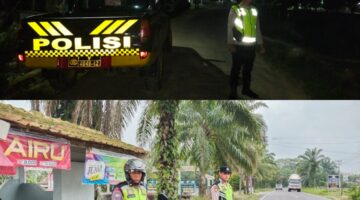 Personel Polsek Buay Madang Timur melaksanakan Kegiatan Rutin Yang Ditingkatkan (KRYD) melalui patroli subuh di Desa Bangun Harjo (atas) dan patroli dialogis pagi hari di kawasan Jalan Desa Kumpul Rejo (bawah), Kecamatan Buay Madang Timur, Kabupaten OKU Timur, Sumatera Selatan. 