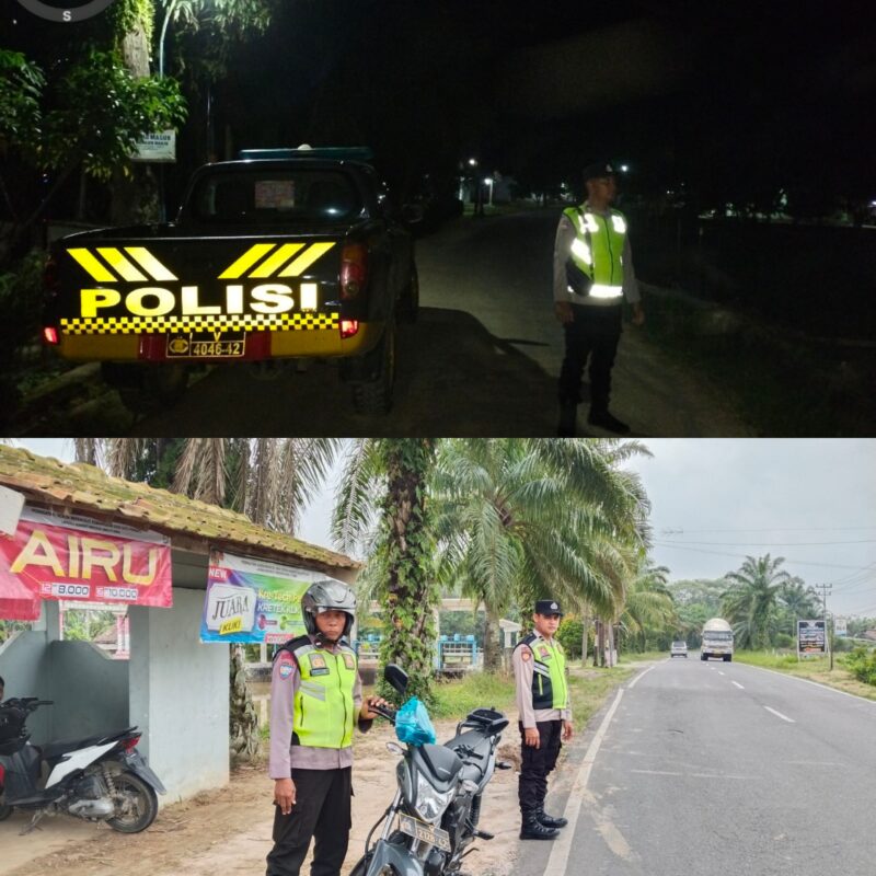 Personel Polsek Buay Madang Timur melaksanakan Kegiatan Rutin Yang Ditingkatkan (KRYD) melalui patroli subuh di Desa Bangun Harjo (atas) dan patroli dialogis pagi hari di kawasan Jalan Desa Kumpul Rejo (bawah), Kecamatan Buay Madang Timur, Kabupaten OKU Timur, Sumatera Selatan. 