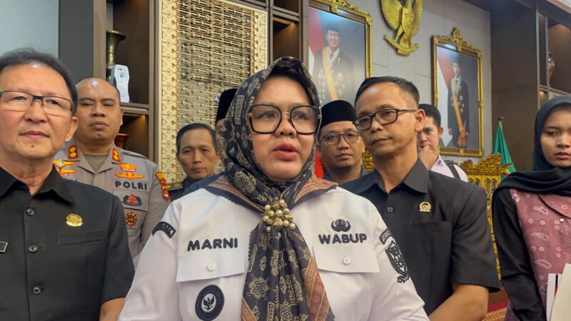 Plt Bupati Muara Enim, Sumarni saat diwawancarai usai penyerahan SK tugas di Griya Agung Palembang, Rabu (10/6/2026). Foto: Tia