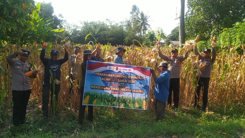 Kapolsek Buay Madang Timur IPTU Swisspo, bersama jajaran personel Polsek, Kepala Desa Tanjung Mas Sumadi, dan petani setempat membentangkan spanduk saat mengikuti kegiatan Panen Jagung Kuartal II Tahun 2026 di Desa Tanjung Mas, Kecamatan Buay Madang Timur, Kabupaten OKU Timur. 
