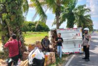 Anggota Polsek Buay Madang Timur berjaga di samping truk box Hino yang terguling di Jalan Raya Lintas Belitang BK 2, Desa Srikaton, Kecamatan Buay Madang Timur, OKU Timur. 