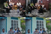 Personel Polsek Buay Madang Timur menggelar dialog santai bersama warga saat melaksanakan patroli sambang malam di Desa Sumber Harjo (atas) dan sambang siang di Desa Bangun Harjo (bawah), Kecamatan Buay Madang Timur, OKU Timur. 
