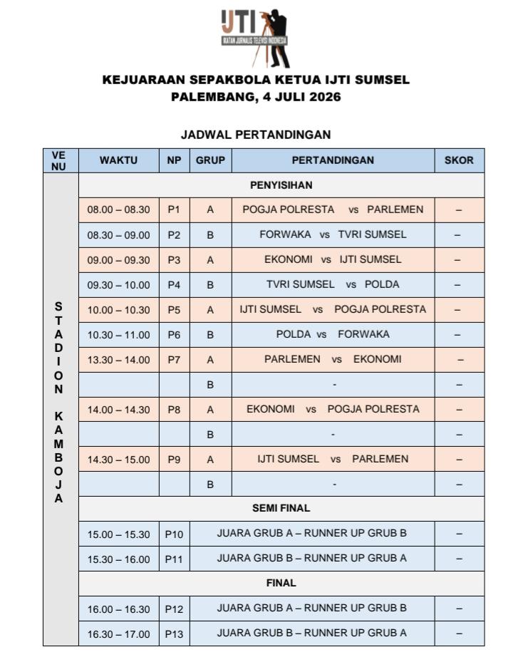 IJTI Sumsel Gelar Kejuaraan Sepak Bola Antar Jurnalis, 4 Juli 2026 di Stadion Kamboja