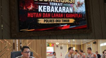 Kapolres OKU Timur AKBP Adik Listiyono, memberikan arahan saat memimpin Sosialisasi Pencegahan Kebakaran Hutan dan Lahan (Karhutla) di Aula Wicaksana Laghawa Polres OKU Timur.