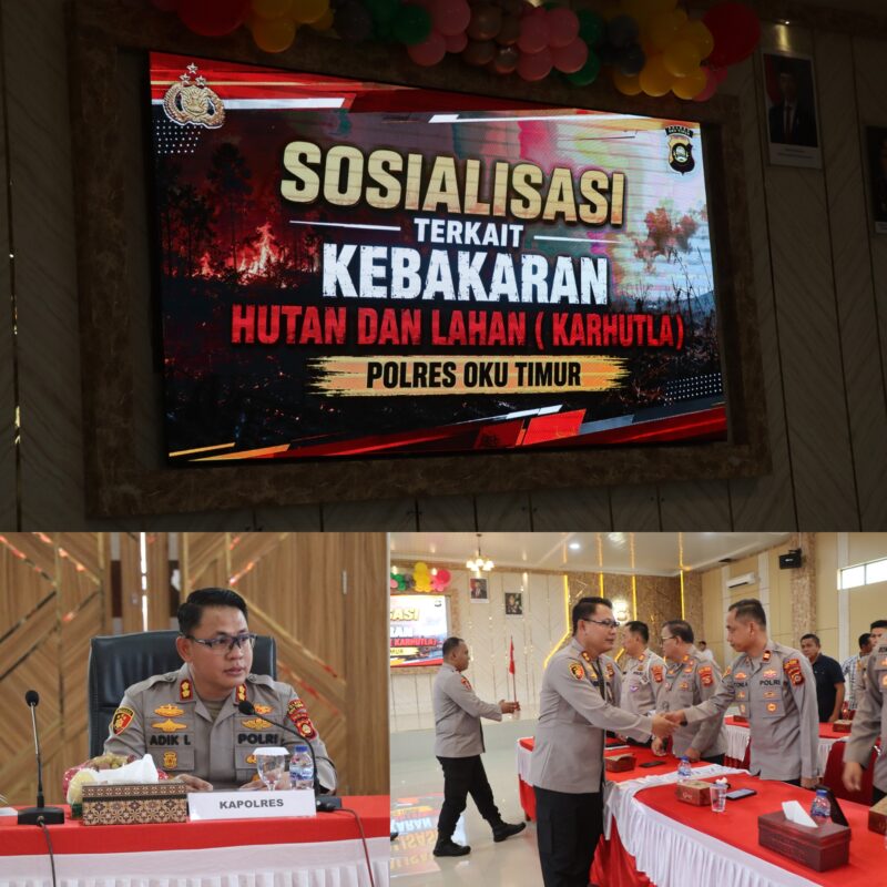 Kapolres OKU Timur AKBP Adik Listiyono, memberikan arahan saat memimpin Sosialisasi Pencegahan Kebakaran Hutan dan Lahan (Karhutla) di Aula Wicaksana Laghawa Polres OKU Timur. 