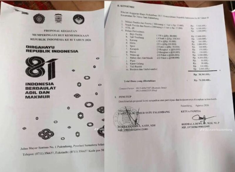 Proposal HUT RI di Kecamatan IT I Palembang senilai Rp 76,2 juta.