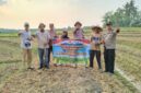 Kapolsek Buay Madang Timur Iptu Swisspo, bersama jajaran personel Polsek BMT, perangkat desa, dan petani setempat membentangkan spanduk saat aksi penanaman jagung serentak Kuartal III Tahun 2026 di Desa Gumuk Rejo, Kecamatan Buay Madang Timur, Kabupaten OKU Timur, Sumatera Selatan.