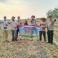 Kapolsek Buay Madang Timur Iptu Swisspo, bersama jajaran personel Polsek BMT, perangkat desa, dan petani setempat membentangkan spanduk saat aksi penanaman jagung serentak Kuartal III Tahun 2026 di Desa Gumuk Rejo, Kecamatan Buay Madang Timur, Kabupaten OKU Timur, Sumatera Selatan.