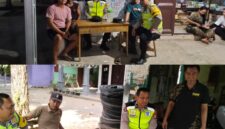 Personel Polsek Buay Madang Timur, Aipda Khoirul Alkaf dan Bripka Nur Holik, saat berdialog dan menyampaikan imbauan kamtibmas kepada warga di Desa Pengandonan (atas) pada malam hari dan di Desa Karang Tengah (bawah) pada pagi hari, Kecamatan Buay Madang Timur, Kabupaten OKU Timur.