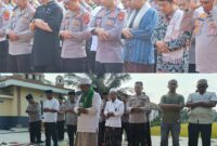 (Atas) Kapolres OKU Timur AKBP Lalu Hedwin Hanggara bersama PJU, personel, dan elemen masyarakat melaksanakan Salat Istisqa di Lapangan Satya Haprabu Polres OKU Timur. (Bawah) Sinergi berlanjut di tingkat jajaran di mana Kapolsek Buay Madang Timur Iptu Swisspo, bersama Camat Ramadhan Agusten, dan warga menggelar ibadah serupa di lapangan Polsek.
