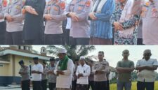 (Atas) Kapolres OKU Timur AKBP Lalu Hedwin Hanggara bersama PJU, personel, dan elemen masyarakat melaksanakan Salat Istisqa di Lapangan Satya Haprabu Polres OKU Timur. (Bawah) Sinergi berlanjut di tingkat jajaran di mana Kapolsek Buay Madang Timur Iptu Swisspo, bersama Camat Ramadhan Agusten, dan warga menggelar ibadah serupa di lapangan Polsek.