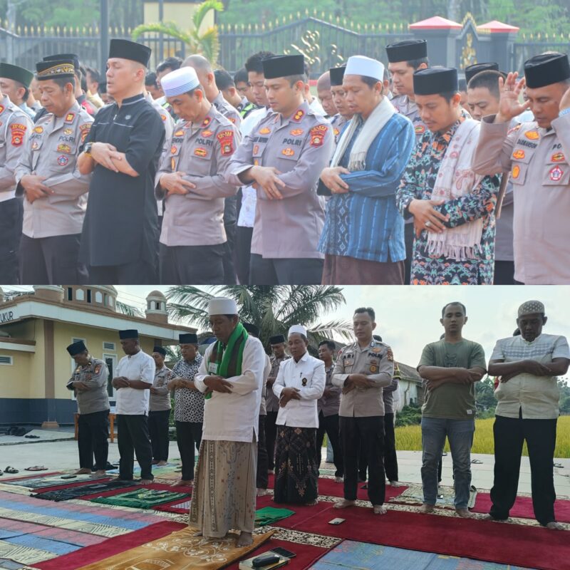 (Atas) Kapolres OKU Timur AKBP Lalu Hedwin Hanggara bersama PJU, personel, dan elemen masyarakat melaksanakan Salat Istisqa di Lapangan Satya Haprabu Polres OKU Timur. (Bawah) Sinergi berlanjut di tingkat jajaran di mana Kapolsek Buay Madang Timur Iptu Swisspo, bersama Camat Ramadhan Agusten, dan warga menggelar ibadah serupa di lapangan Polsek.