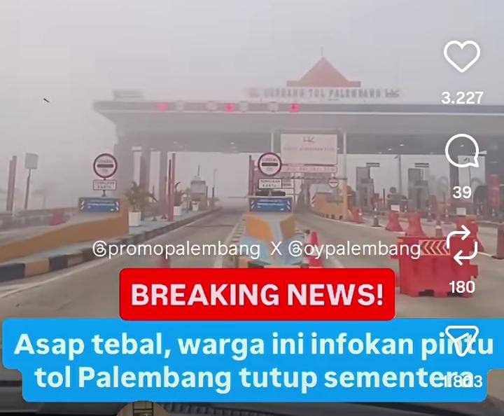 Tol Palembang sempat buka tutup akibat kabut asap. Foto: tangkapan layar akun Instagram @oypalembang.