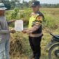 Personel Bhabinkamtibmas Polsek Buay Madang Timur menyerahkan lembaran Maklumat Kapolda Sumsel tentang larangan membakar hutan dan lahan (Karhutla) langsung kepada seorang petani di area persawahan Desa Kumpul Rejo, Kecamatan Buay Madang Timur, Kabupaten OKU Timur.