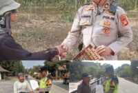 Kapolsek Buay Madang Timur Iptu Swisspo (kanan atas), bersalaman dengan warga saat mensosialisasi larangan membakar lahan di kawasan perkebunan Desa Tambak Boyo, serta personel Bhabinkamtibmas (bawah) yang sedang membagikan Maklumat Kapolda Sumsel kepada pengendara motor dan warga di Kecamatan Buay Madang Timur, Kabupaten OKU Timur.