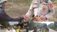 Kapolsek Buay Madang Timur Iptu Swisspo (kanan atas), bersalaman dengan warga saat mensosialisasi larangan membakar lahan di kawasan perkebunan Desa Tambak Boyo, serta personel Bhabinkamtibmas (bawah) yang sedang membagikan Maklumat Kapolda Sumsel kepada pengendara motor dan warga di Kecamatan Buay Madang Timur, Kabupaten OKU Timur.
