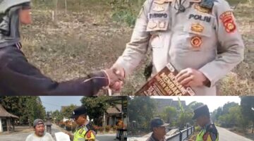 Kapolsek Buay Madang Timur Iptu Swisspo (kanan atas), bersalaman dengan warga saat mensosialisasi larangan membakar lahan di kawasan perkebunan Desa Tambak Boyo, serta personel Bhabinkamtibmas (bawah) yang sedang membagikan Maklumat Kapolda Sumsel kepada pengendara motor dan warga di Kecamatan Buay Madang Timur, Kabupaten OKU Timur.