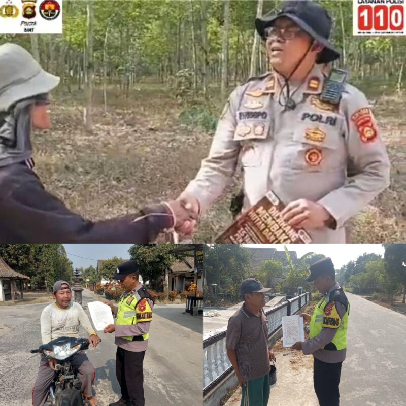 Kapolsek Buay Madang Timur Iptu Swisspo (kanan atas), bersalaman dengan warga saat mensosialisasi larangan membakar lahan di kawasan perkebunan Desa Tambak Boyo, serta personel Bhabinkamtibmas (bawah) yang sedang membagikan Maklumat Kapolda Sumsel kepada pengendara motor dan warga di Kecamatan Buay Madang Timur, Kabupaten OKU Timur.