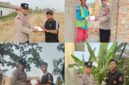 Kapolsek Buay Madang Timur Iptu Swisspo, menyerahkan langsung paket makanan kepada warga di wilayah Desa Kumpul Rejo, OKU Timur.
