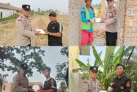 Kapolsek Buay Madang Timur Iptu Swisspo, menyerahkan langsung paket makanan kepada warga di wilayah Desa Kumpul Rejo, OKU Timur.